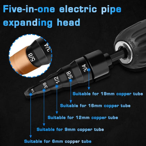 Five-in-one electric pipe expanding head from HVAC Copper Tube Expander Set For Pros And DIYers, 7 Piece Repair Kit