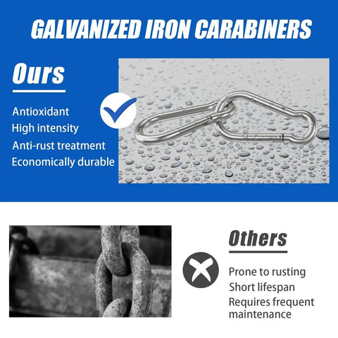 Durable 1.57 Inch Galvanized Iron Carabiner Clips 32 Pack For Camping And Keys against wet surface background