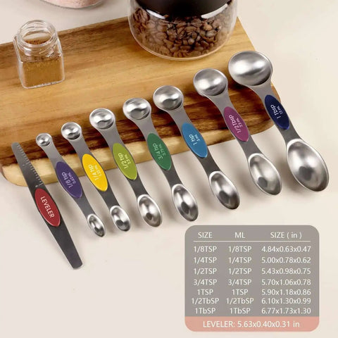 Stainless Steel Magnetic Measuring Spoons Set Eight Piece Dual Sided And Stackable Teaspoon And Tablespoon Measures With Leveler