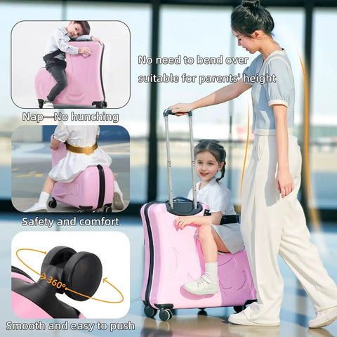 Child sitting on pink kids ride on suitcase with wheels for travel for toddlers and children ages two to fifteen, easy rolling luggage.