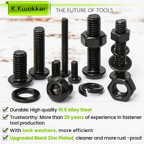 Close-up of All In One 1160Pcs M3 M4 M5 M6 Nuts And Bolts Kit With Lock Washers Zinc Plated Hex Button Head Screws 12.9 Alloy Steel Fasteners Set