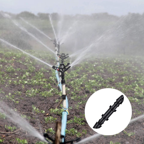Barbed irrigation connectors for 1/4 inch tubing, black plastic; 150-piece drip fittings for irrigation systems.