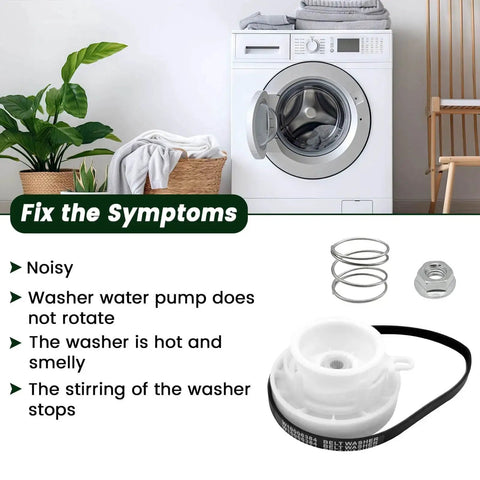 Front view: washer pulley clutch kit and drive belt shown on a white front-loading washing machine.