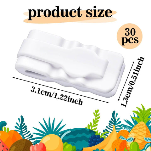 30 Piece Vacuum Storage Bags Sealing Clip in white, dimensions 3.1cm x 1.3cm, shown against colorful illustrated background.