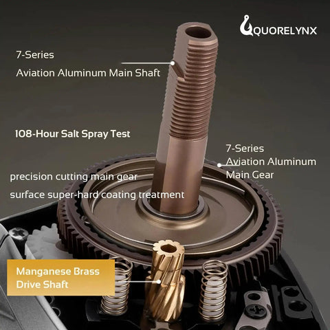 QUORELYNX DC baitcasting reel internal drive components: aviation aluminum main shaft, brass drive gear, close-up