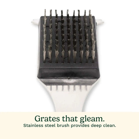 Close-up of a stainless steel brush head for 16.5-Inch Long Handle Stainless Steel Grill Cleaner Brush And Scraper For BBQ Griddle.