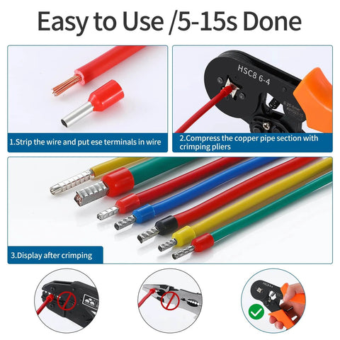 Steps showing the Heavy Duty Ferrule Crimping Tool Kit With Wire Stripper And Ferrules Crimper Plier 600 Piece Ferrules Set in use.