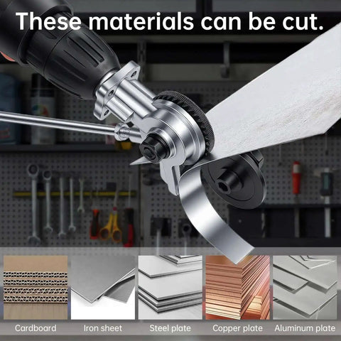 Powerful And Effortless Heavy Duty Drill Metal Cutter Attachment for sheet metal cutting, slicing aluminum with visible material types.