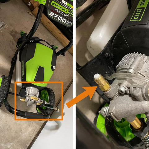 Thermal relief valve for pressure washer; brass fitting on silver body in front view on green lawn unit.