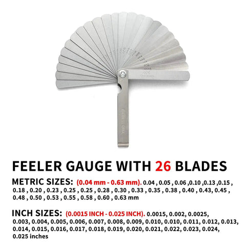 Three Piece Feeler Gauge Set With 32 And 26 Blade Gauges And Offset 16 Blade Gauge Stainless Steel Dual Marked Metric And Imperial Gap