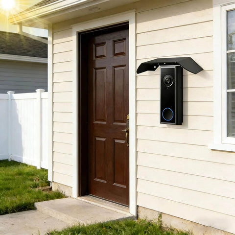 All Weather Stainless Steel Doorbell Rain Cover That Bosses Up Outdoor Protection With Anti Glare Sun Shade Installed on House