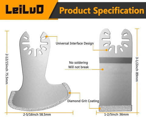 Pro Grade Diamond Oscillating Multi Tool Blades Kit For Grout Removal Six Piece Set with size and grit specs shown