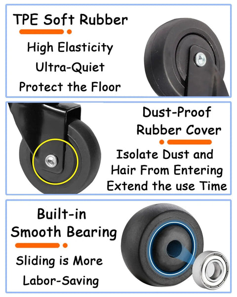 1 Inch Mini Swivel Caster Wheels Set With M6x15mm Threaded Stem Silent TPE Rubber Brake Rollers For Light Furniture And Small Trolleys, 4 Pack, Each 45kg 99lbs Load Capacity, Includes Nuts And Wrench. Close-up of black rubber wheel with dust-proof cover and built-in bearing.