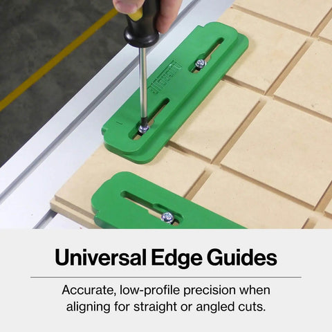MatchFit CNC Clamping Kit For Woodworking And Milling, 11 Piece Green Set with Edge Clamps in use on wood surface