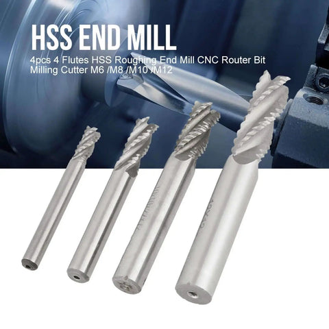Rugged 4 Flute HSS Roughing End Mill Set For CNC Router Machines, 4 Piece Kit in M6 M8 M10 Sizes, shown in various sizes.
