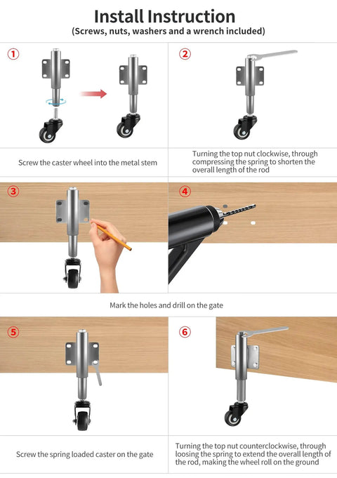Installation steps for Gate Caster With Spring Loaded Retractable Wheel for wooden gates, showing drilling and attaching caster to gate.