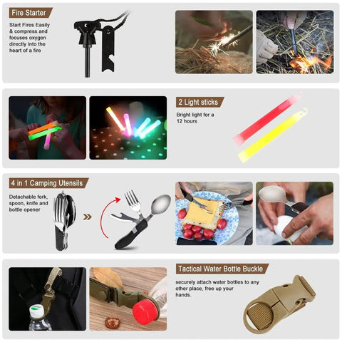 Fire starter, light sticks, 4 in 1 camping utensil, and tactical water bottle buckle from 238 Piece Emergency Survival Kit And First Aid Kit With Tactical MOLLE Pouch And 4 In 1 Shovel And Pick Emergency Tent And Blanket Must Have Gear For Earthquake Prep Camping Hiking Hunting And Outdoor Adventure
