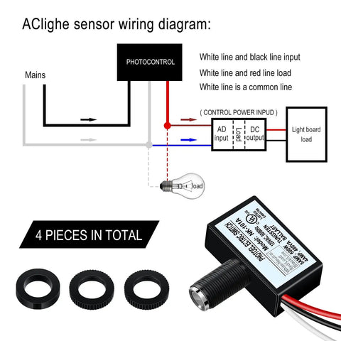 Diagram of 4 Pack 120V AC Photoelectric Switch Light Sensor with wiring details for outdoor lighting