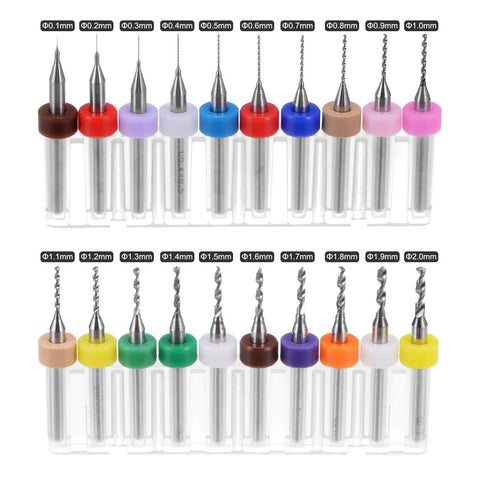 Micro PCB Drill Bit Set With One Eighth Inch Shank Solid Tungsten Carbide CNC Engraving Bits 0.1mm to 2mm 38mm Length 20 Pieces