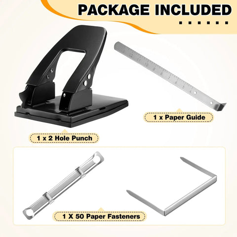 Heavy Duty Two Hole Punch Workhorse With 50 Prong Fasteners Padded Grip Handle 30 Sheet Capacity shown with included paper guide and fasteners