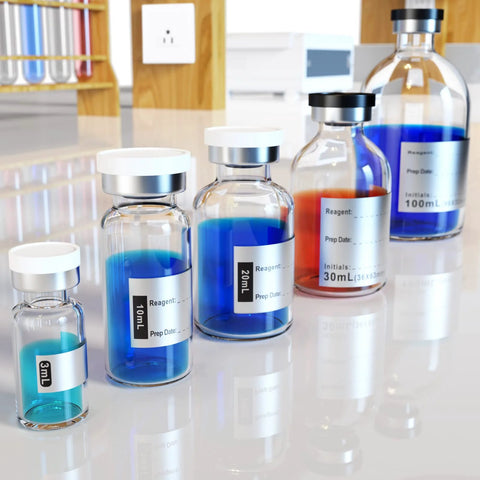 Amazon BISS empty sterile borosilicate glass vials with white flip-top closures, eight-piece set of assorted sizes