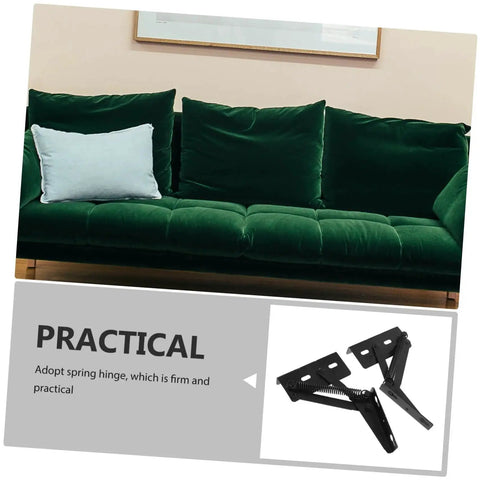 Heavy Duty Folding Sofa Hinges Set 2 Pack With Spring Loaded Support shadowed against a green sofa, close-up view.