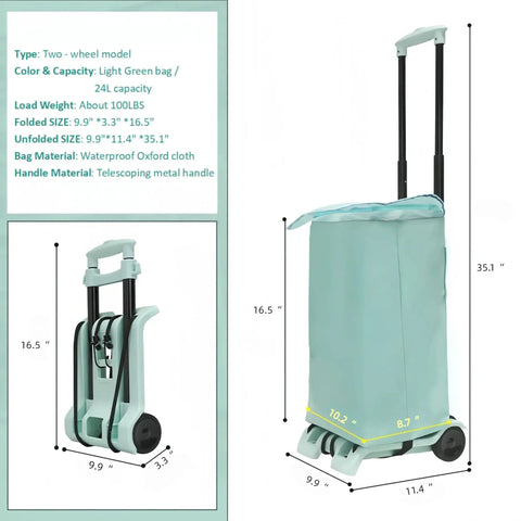100 Lbs Capacity Foldable Cart With Wheels Lightweight Folding Utility Cart showing dimensions and closed position