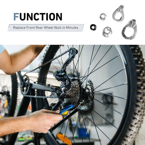 Person installing Anti Drop Bike Axle Nuts and Safety Washers Kit for Front and Rear Wheels on a bicycle.