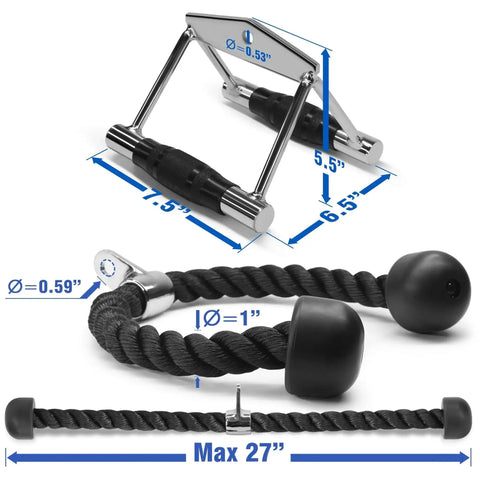 Front view: Yes4All double D-handle and tricep rope for cable machines; chrome handles, braided rope, up to 27 inches