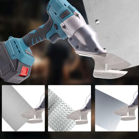 Cordless Electric Sheet Metal Shears With 360 Degree Swivel Head for cutting steel, aluminum, and tin, shown in action.