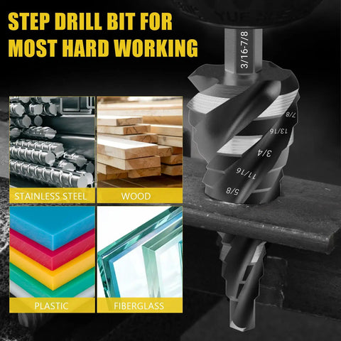 Five Piece Four Spiral Flute Step Drill Bit Set And Six Countersink Bits With Tool Box by Cleverool for metal, wood, plastic.