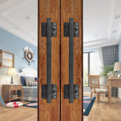 Rustic Barn Door Handle 12 Inch Heavy Duty Matte Black Sliding Door Pull For DIY Barn Door Gate Shed Or Garage Solid Square Metal Construction With Heavy Duty Mounting Hardware And Durable Timeless Design installed on wood door in living room