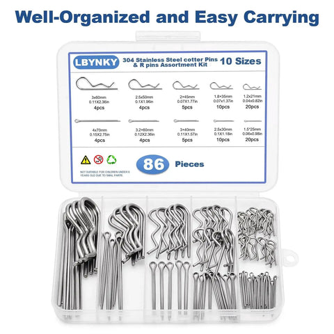 86 Piece Cotter Pin And R Clip Kit In Stainless Steel With 10 Sizes for Heavy Duty Hitch Pin Lock Systems