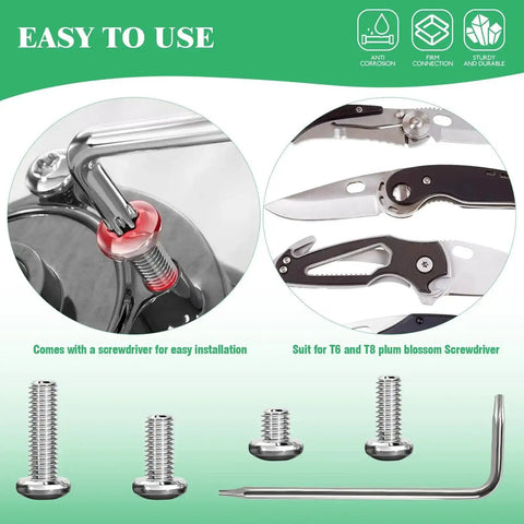 121 Piece 304 Stainless Steel Pocket Blade Knife Handle Screws Assortment Set Including M2 And M2.5 Machine Screws EDC Folding Hilt Fasteners Knifemakers Rivets For DIY Repair Torx Driver Included shown with knives and screws.