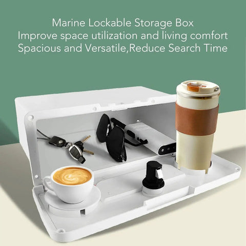 Banapoy white marine glove box storage with lockable lid and cup holder, open view showing keys and sunglasses