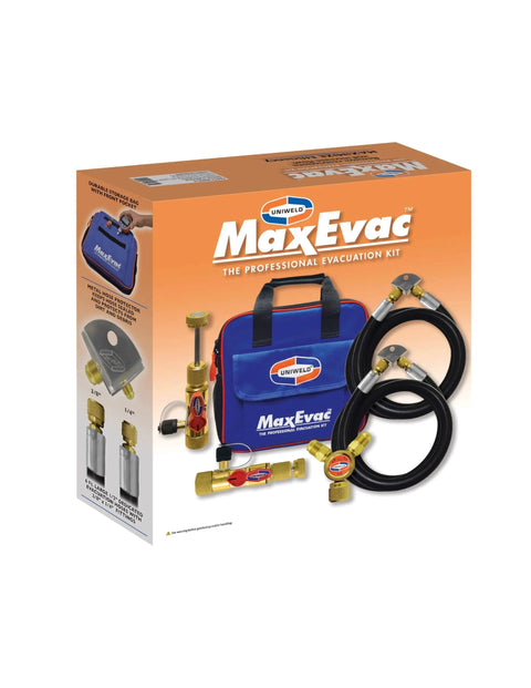 Box view of MaxEvac Pro 1/2 Inch Hose Evacuation Kit With Core Removal Tool Uniweld, 6 Ft Black Vacuum Hose Rated To 20 Microns