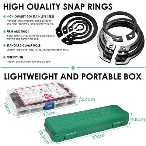 4 Piece Snap Ring Pliers With 500 C Clip Retaining Rings Set in portable box showing dimensions and ring details