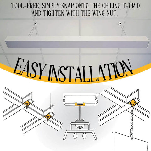 Installation diagram of Easy Install Twist Clip For Electrical Fixtures With Wing Nut, showing clip attached to T-grid ceiling.