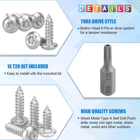 50 Pack Number Eight One Half Inch Torx Security Sheet Metal Screws Button Head Tamper Resistant Stainless Steel 304 With T20 Bit For Home And Office Projects shown in detail.