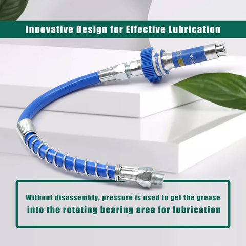 Lock-on grease coupler with blue flexible hose and metal fittings for high-pressure grease guns