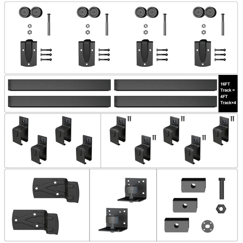 Heavy Duty Outdoor Sliding Barn Door Hardware Kit, 16 Ft Rail System, 450 Lb Capacity, Black Powder Coat Finish, Weatherproof Galvanized Steel