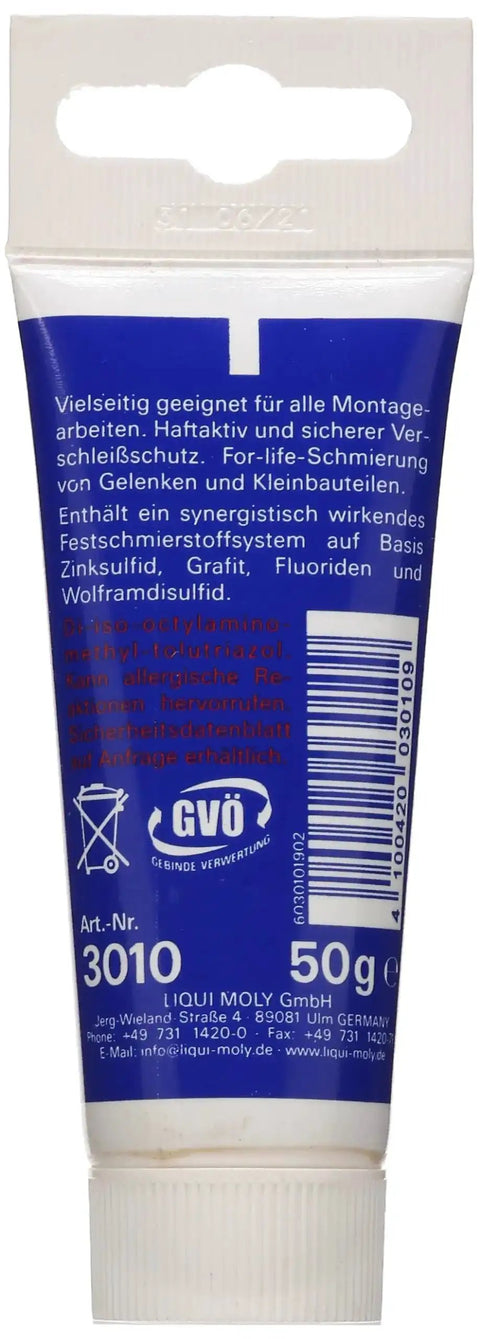 Back of the LM 48 Installation Paste For Engine And Gearbox Assembly 50g tube showing ingredients and specifications