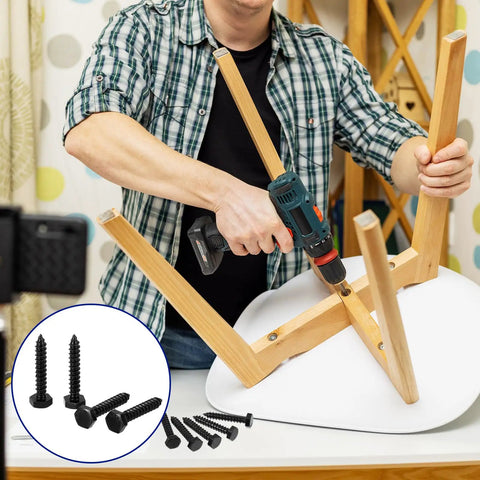Person using drill on table leg with 60 Pack One Quarter Inch By One And A Half Inch Hex Head Lag Screws For Wood 304 Stainless Steel Black Finish Hex Head Bolts For Durable Wood Fixes Plain End Go To Heavy Duty Fasteners Blulu shown in inset.