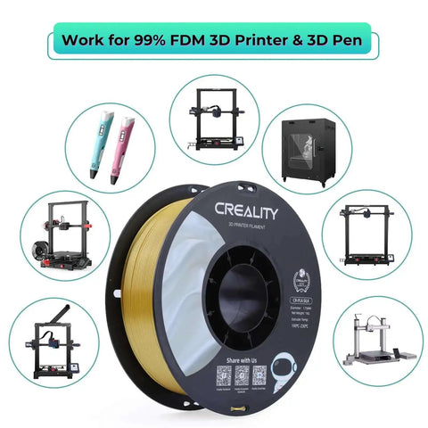 Multi Color Silk PLA Filament 1.75mm For 3D Printing spool with various compatible 3D printers and pens in the background.