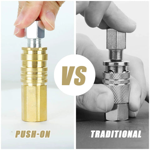 Two air fittings: brass push-on connector on left vs traditional knurled steel quick-connect on right.