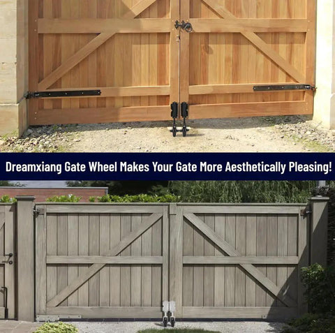 Spring Loaded Gate Caster Kit For Wooden And PVC Fences installed on wooden gates, outdoor rolling support, silver finish