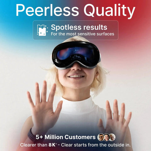 Woman wearing VR headset demonstrating Japanese Microfiber Lens Cleaning Cloths For Glasses Cameras VR Screens Six Pack quality
