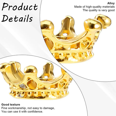 Close-up of a gold mini crown charm for DIY jewelry from 50 Pack Mini Crown Charms For DIY Jewelry Making, dope mixed color vintage 3D alloy king crowns with large hole.
