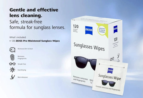 ZEISS Premium Sunglasses Wipes Pre Moistened 120 Count Safe For All Lenses packaging with individual wipe sachet.