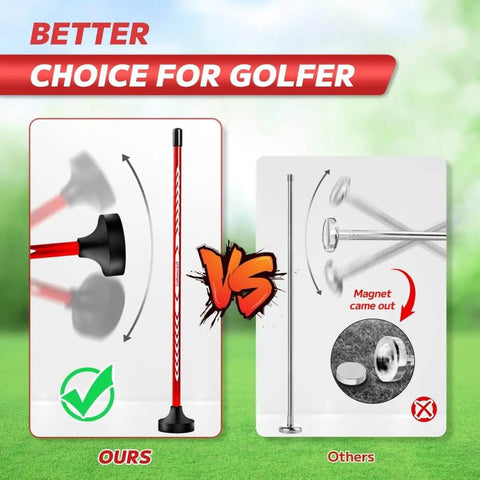 Comparison of our red Golf Alignment Rods Swing Training Aid With Magnetic Base and a standard alignment stick.